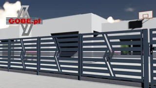 modern fence, wicket and sliding gate, oblique motif in the model