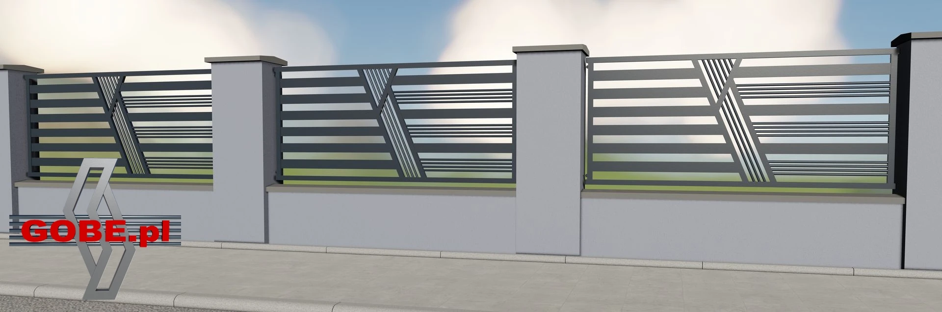 Frontowe ogrodzenie tynkowane z panelami stalowymi