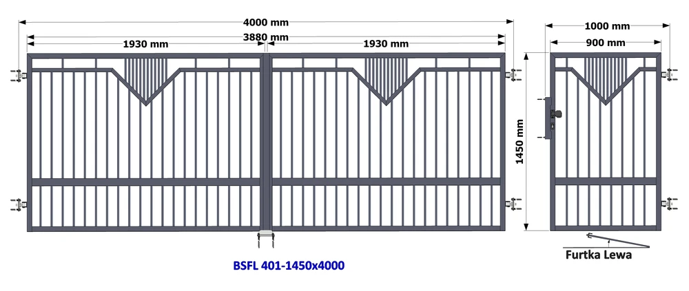 Nowoczesne ogrodzenia  brama furtka lewa 150x400